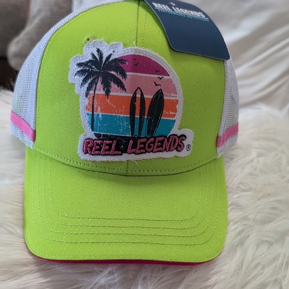 Reel Legends Bright Green Trucker Hat with Sunset Design Brand New